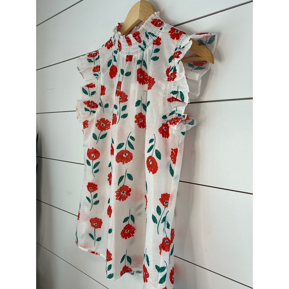 NWT THML Floral Smocked High Neck Ruffle Sleeve Top Red White Small Cottagecore - Picture 5 of 10